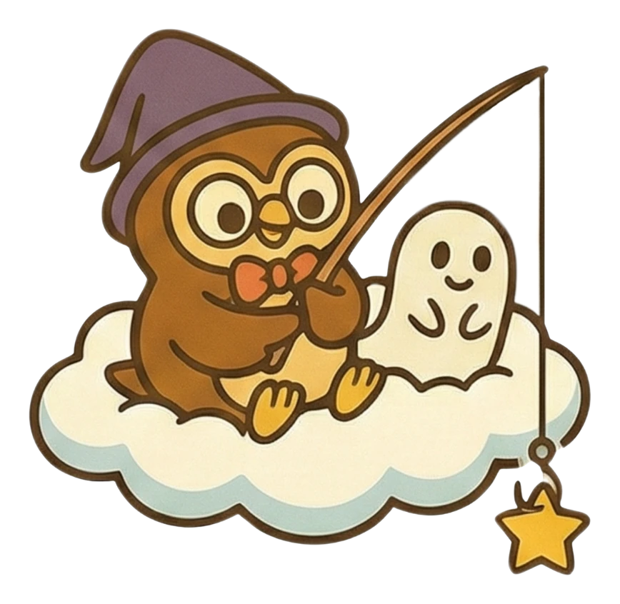 魔法貓頭鷹查查與小幽靈貝里尼坐在雲上釣星星