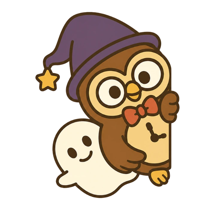 魔法貓頭鷹查查與小幽靈貝里尼探出頭